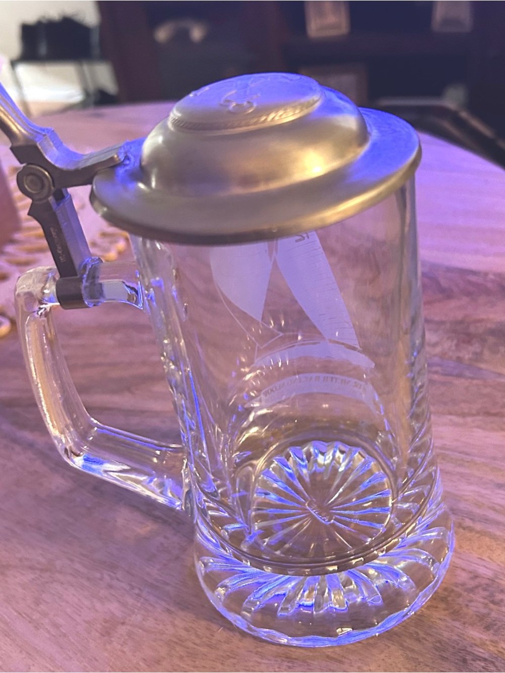 Etched Sailing Glass Beer Stein with Pewter Lid - Clear
